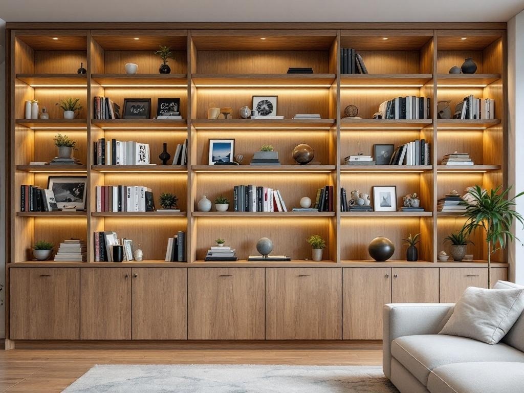 A modern built-in wooden bookshelf with LED lighting, displaying books and decorative items.