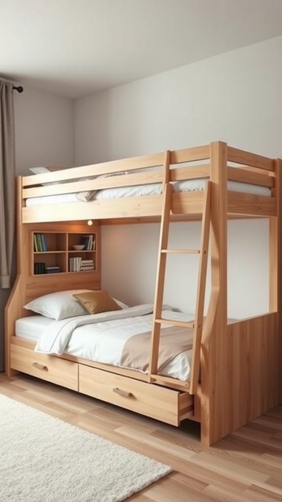 A wooden bunk bed with built-in storage drawers and a ladder, designed for shared bedrooms.
