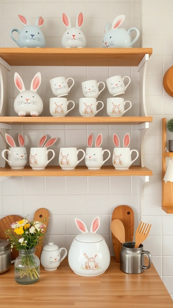 A collection of bunny-themed mugs and cups displayed on wooden shelves in a kitchen.
