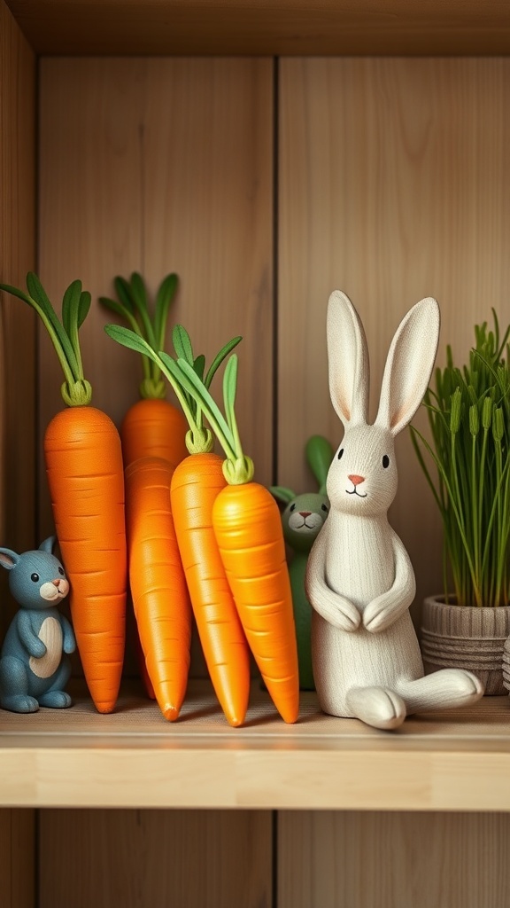 Wooden carrots paired with a bunny figurine on a shelf.