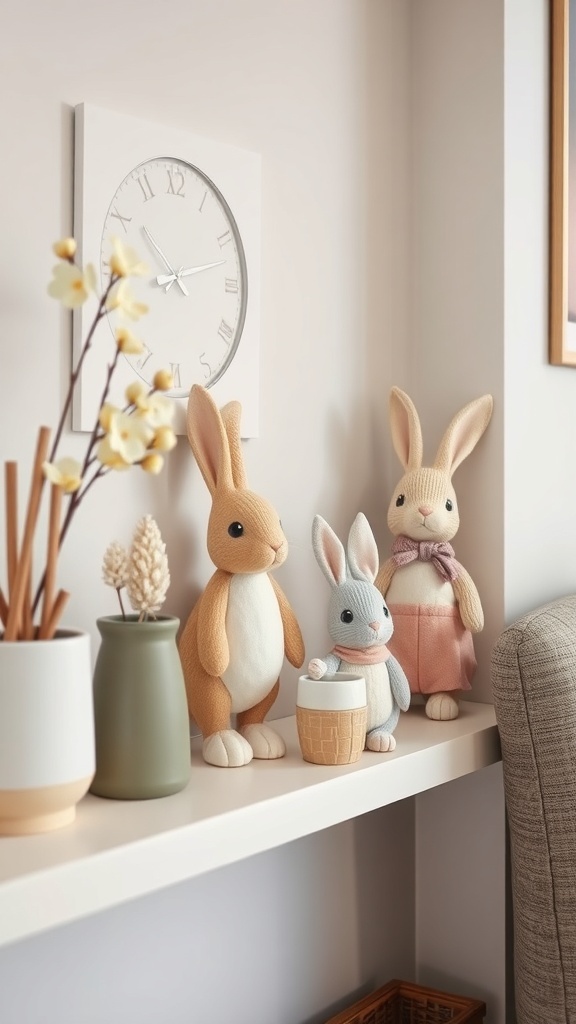 A shelf displaying cute bunny figurines in soft pastel colors, adding a cheerful touch to the decor.