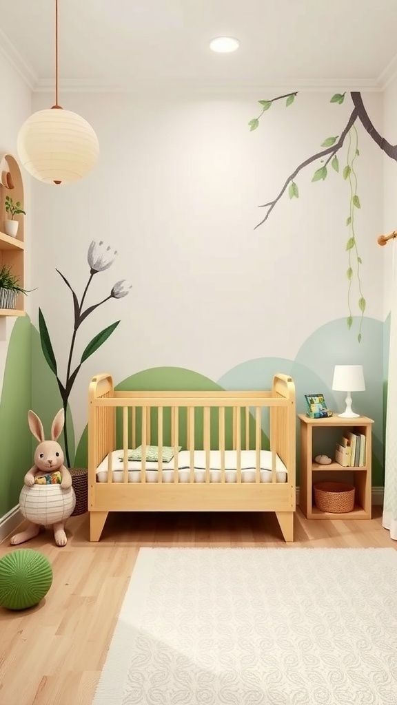 A cozy nursery with a bunny scene mural featuring soft greens and whites, a wooden crib, and playful decor.