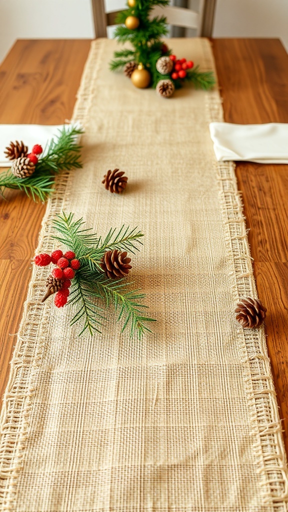 Burlap table runner with greenery, pinecones, and red berries on a wooden table.