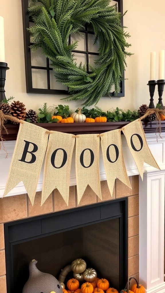 A burlap garland spelling 'BOOO' hangs on a mantle decorated with pumpkins, pinecones, and a green wreath.