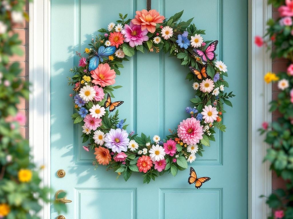 A colorful floral wreath with butterflies on a pastel blue door.