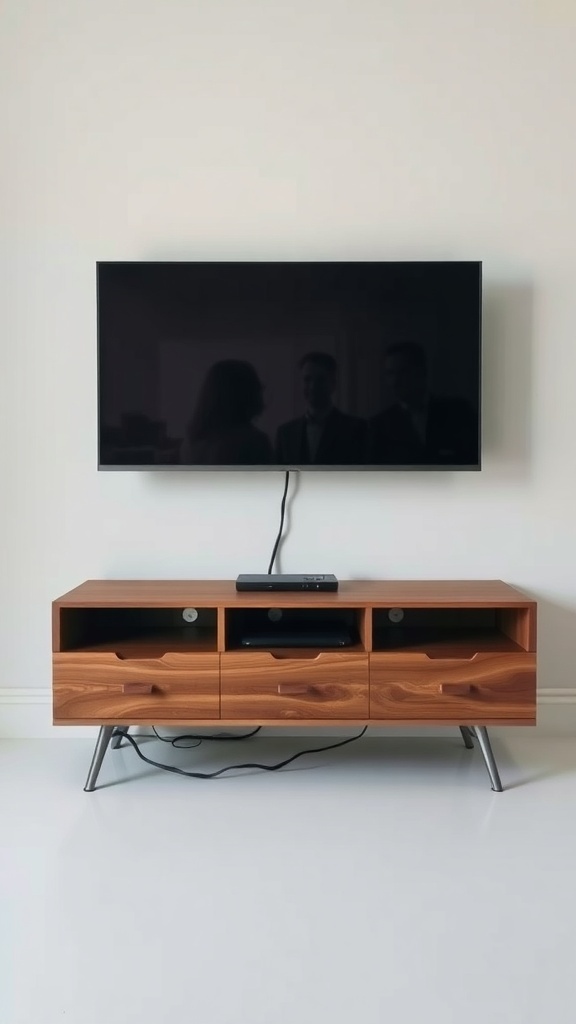 A modern walnut TV stand with cable management features, showcasing a clean and organized entertainment setup.