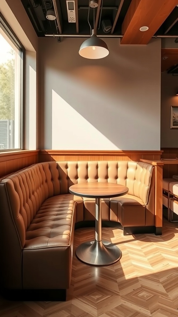 Cozy café-inspired corner booth with tufted seating and a round table