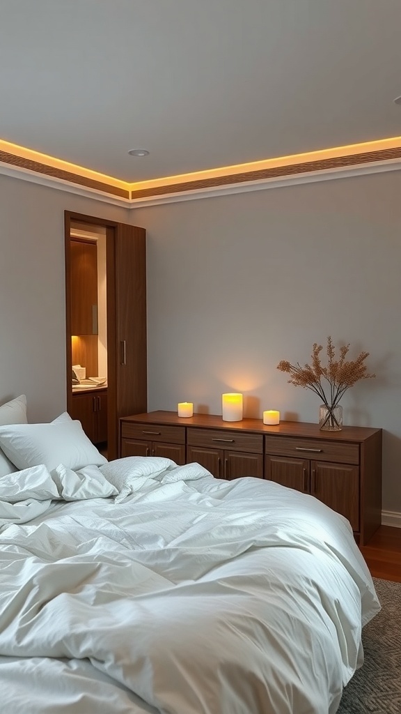 A cozy bedroom with soft lighting, a neatly made bed, and candles on a wooden dresser.