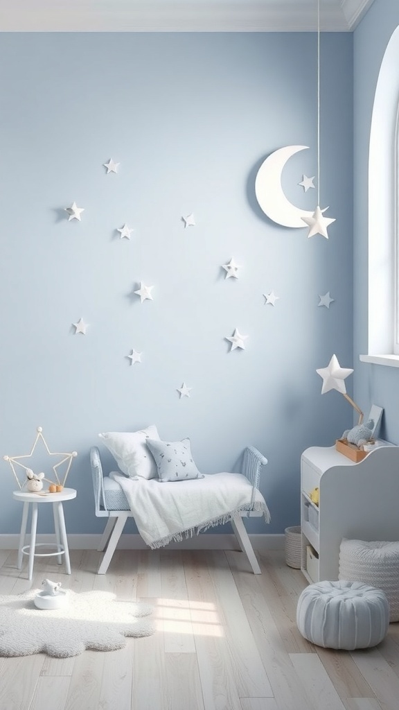 A cozy moon-themed kids' space with soft blue walls, white stars, and a crescent moon.