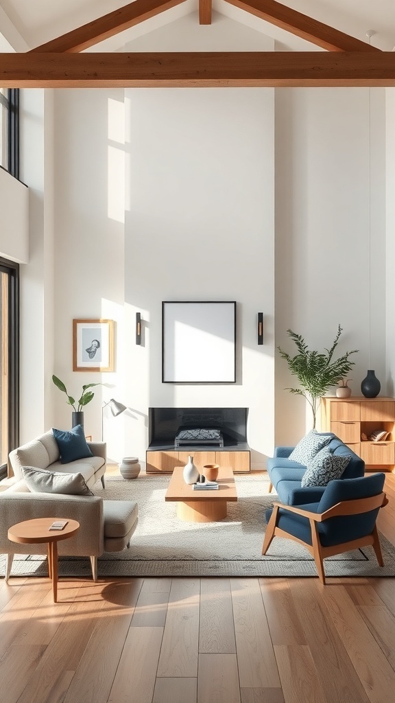 Living room featuring off-white walls, navy furniture, and natural wood accents.
