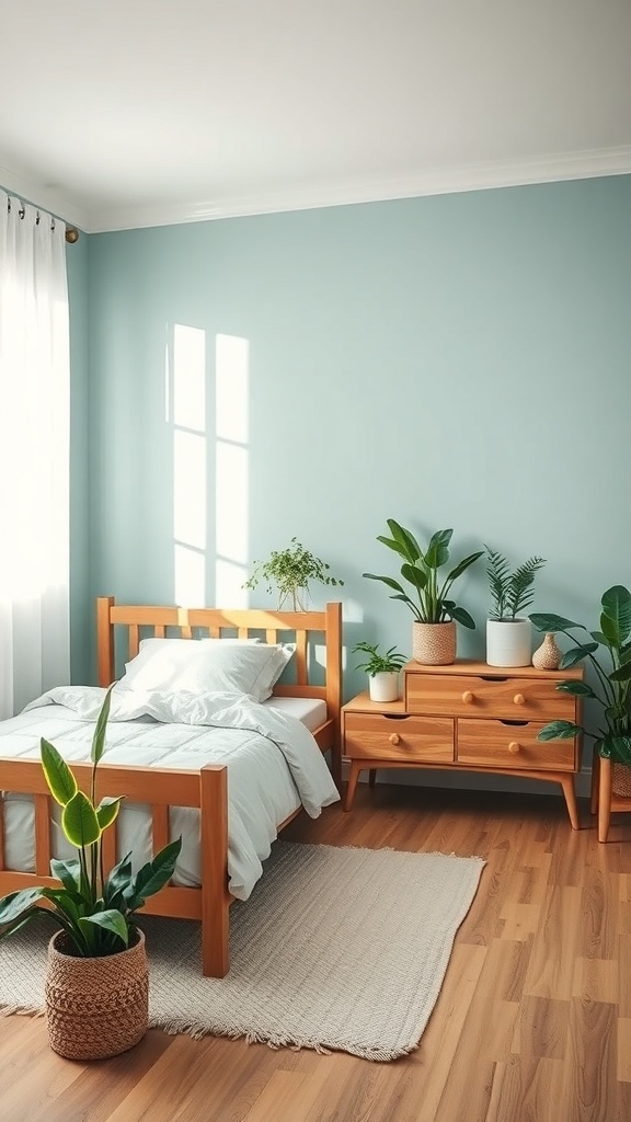 A calming teal bedroom with natural wood furniture and indoor plants