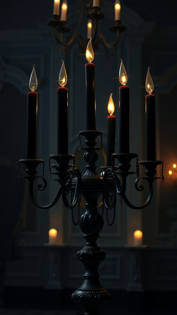 A black candelabra with tall black candles, creating a gothic Halloween decor.