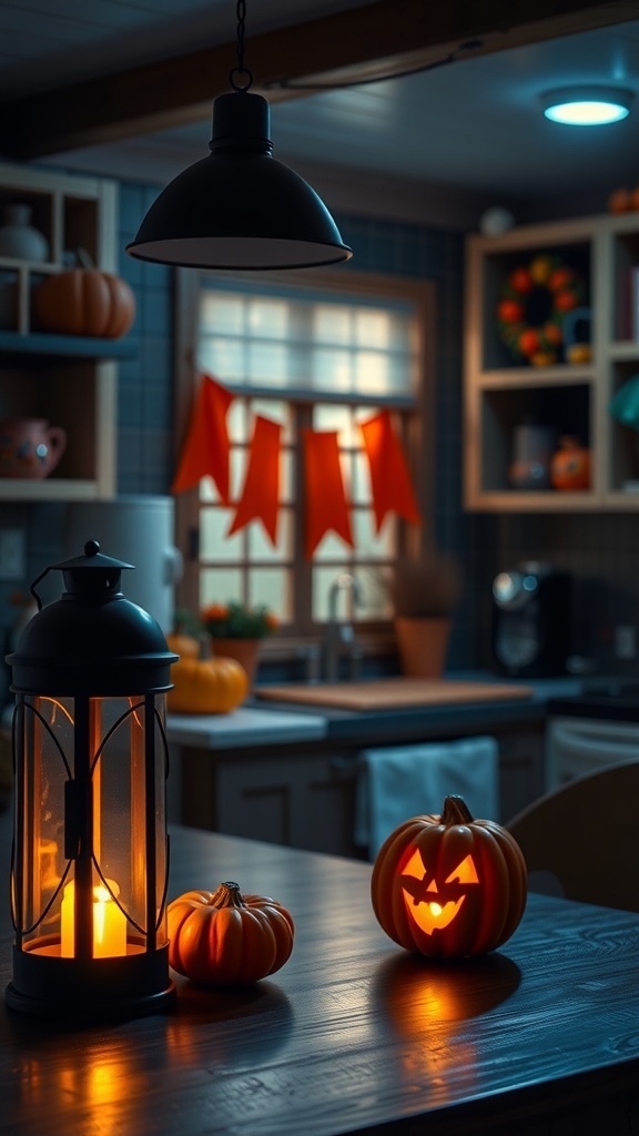 A cozy kitchen decorated for Halloween with a lantern and carved pumpkins glowing on the table.