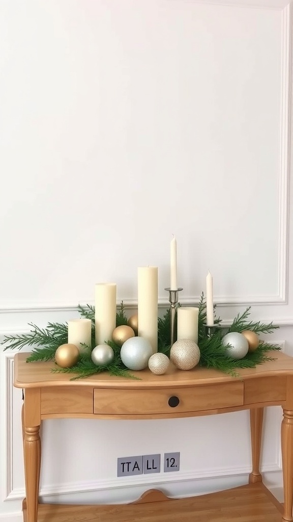 A console table decorated with a cluster of candles and ornaments, surrounded by greenery.