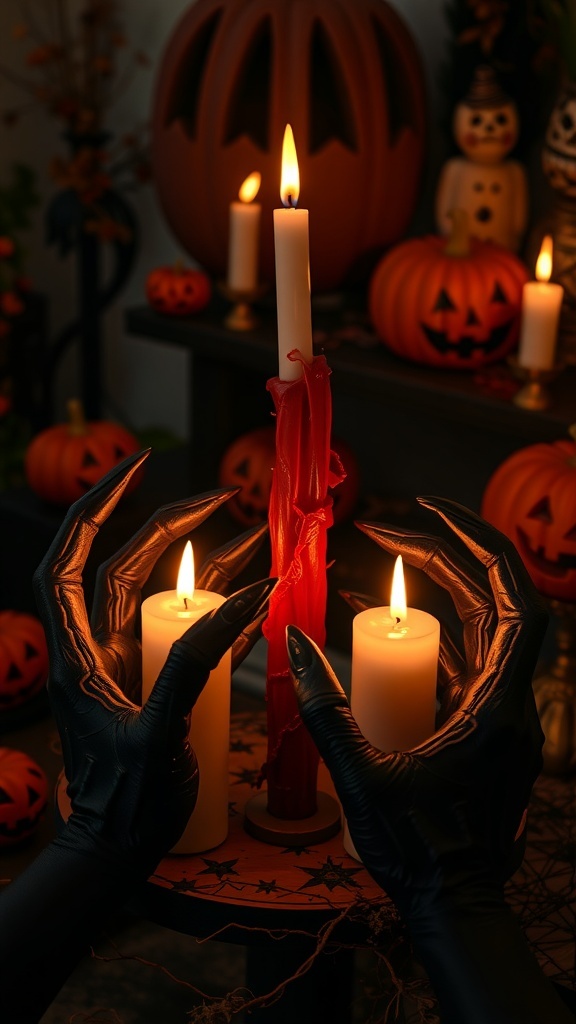 Candle holder devil hands gripping candles with Halloween decorations in the background.