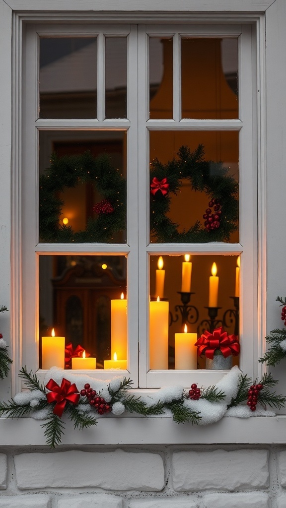 A window decorated with candles, greenery, and red bows for Christmas.