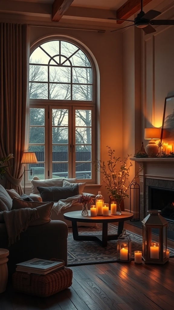 A cozy living room with candlelight and lantern-style lighting, featuring a coffee table with candles and a lantern beside the fireplace.
