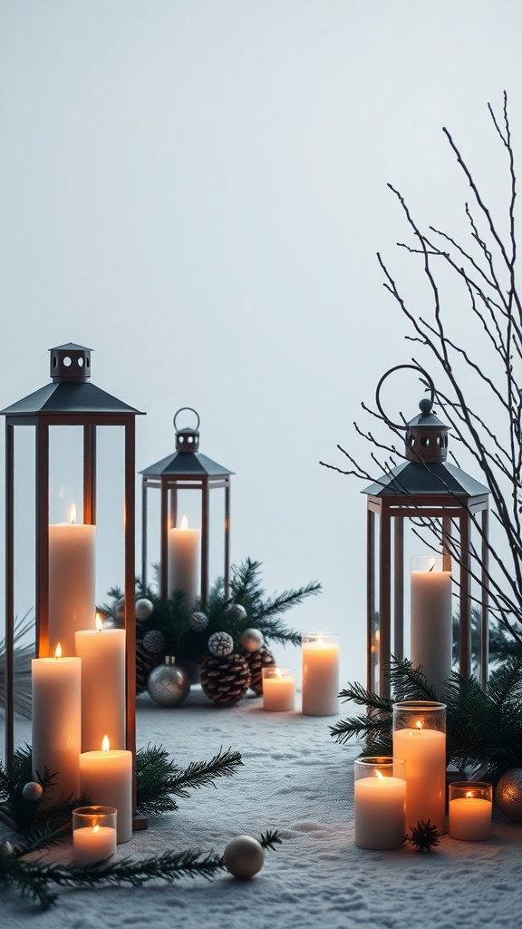 A serene display of candles in lanterns and on a table, surrounded by greenery and pinecones, creating a warm holiday atmosphere.