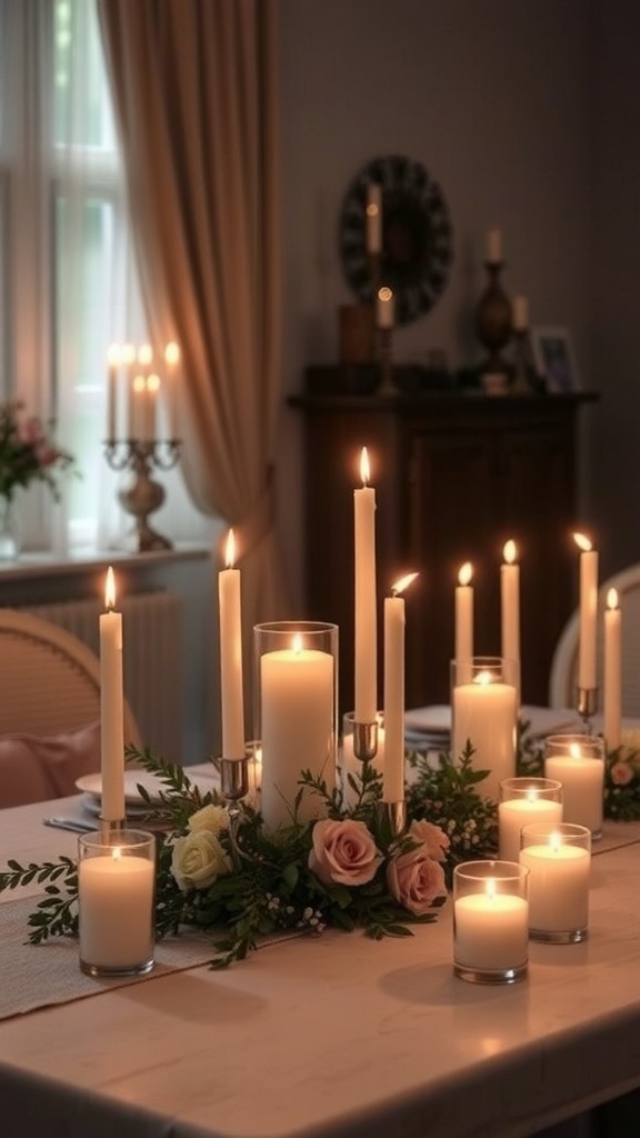A cozy table setting with various candles, including pillar candles and votives, surrounded by soft floral arrangements.