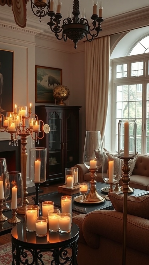 A cozy living room decorated with various candles, creating a warm glow.