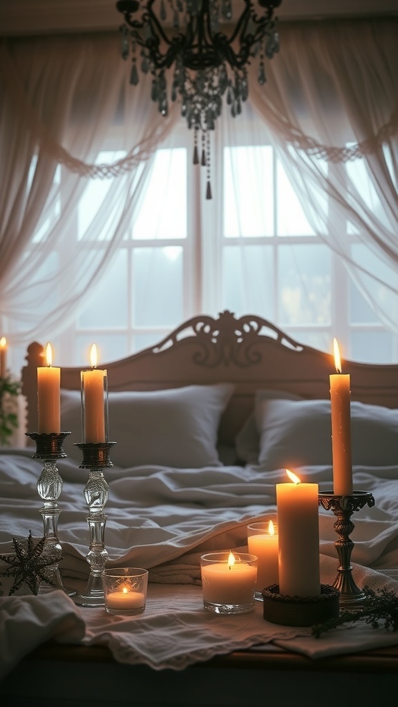 A romantic gothic boho bedroom with candles and crystal accents, featuring soft linens and a chandelier.