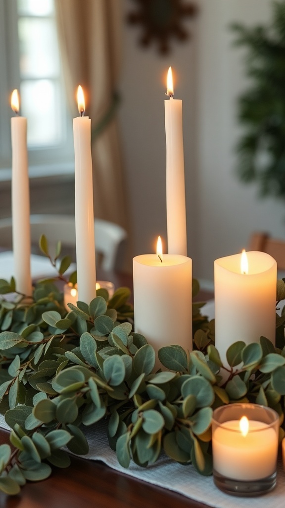 Candlelit arrangement with eucalyptus leaves and white candles on a festive table