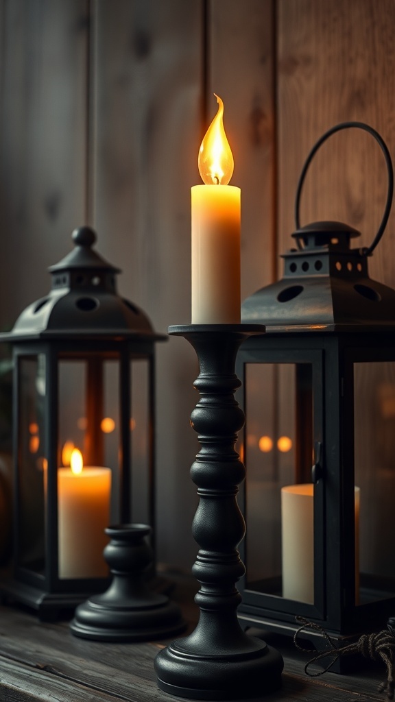 Black candlesticks and rustic lanterns on a mantle, creating a cozy Halloween atmosphere.