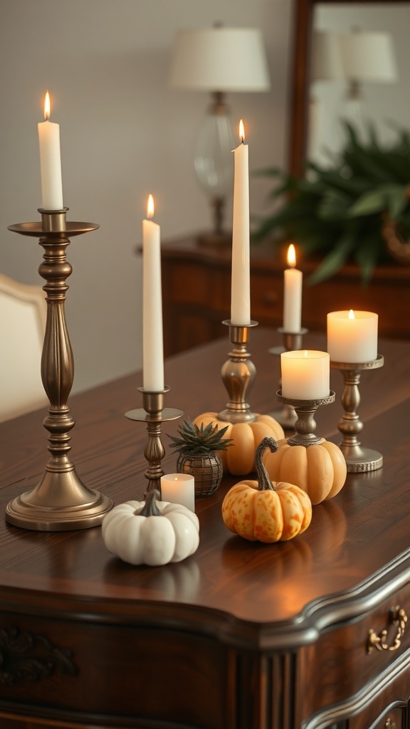 A cozy candlelit display featuring various candles and pumpkins on a wooden table.