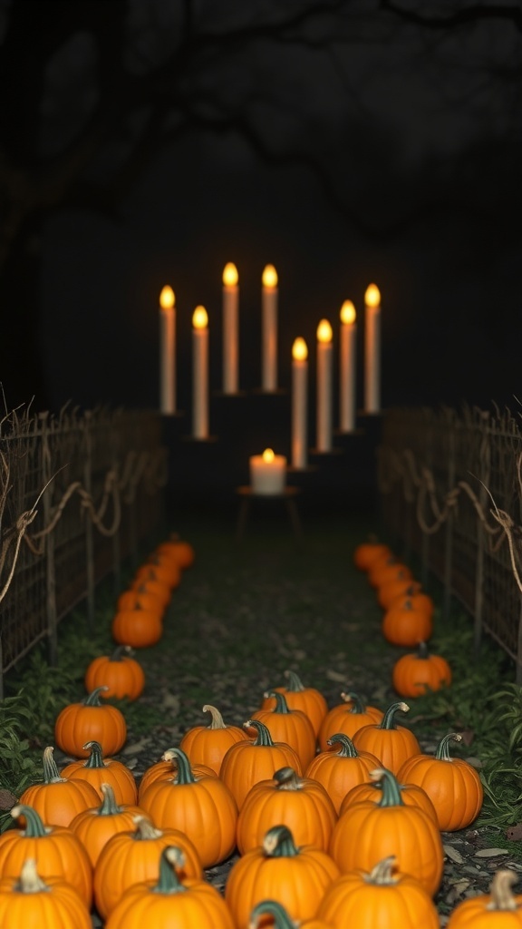 A pathway lined with pumpkins and candles, creating a warm and inviting Halloween atmosphere.