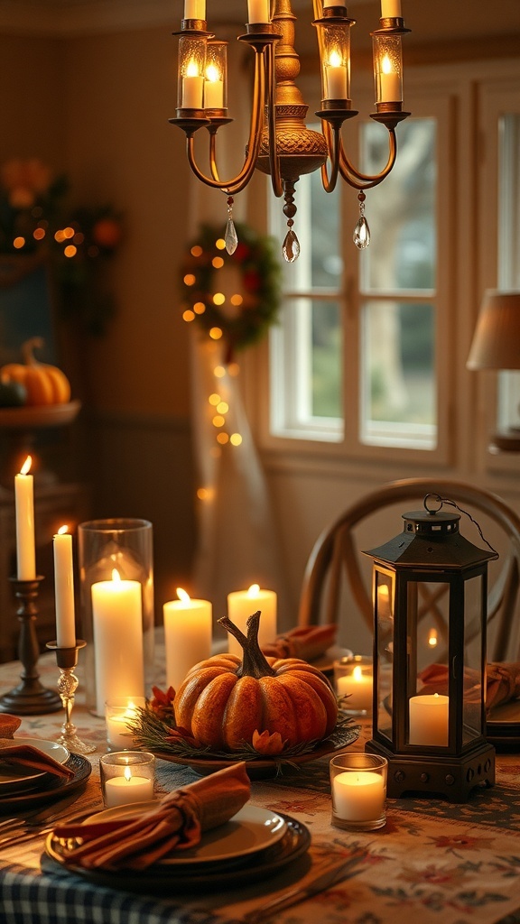 A beautifully set Thanksgiving table with candles and a lantern, featuring a pumpkin centerpiece.