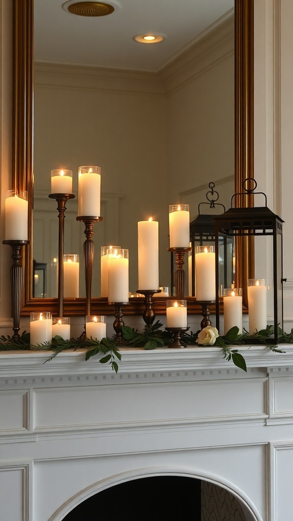 A beautifully styled mantel featuring candles of various heights, surrounded by greenery and a lantern.