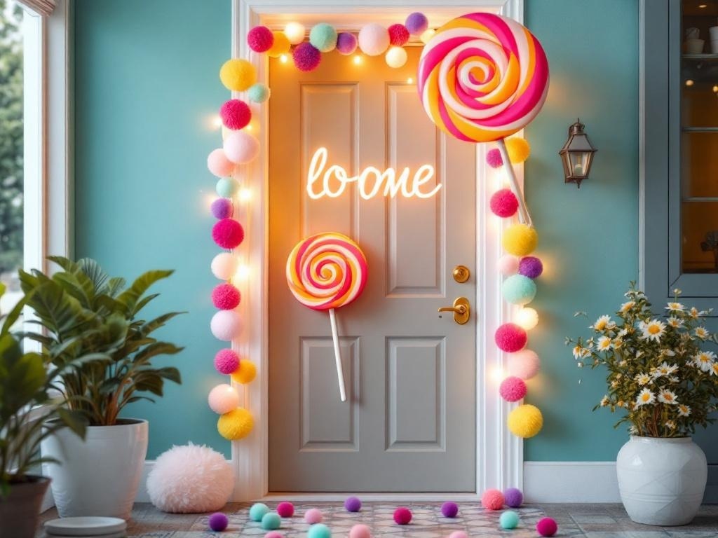 Colorful candy-themed door decor with oversized lollipops and pom-pom garland