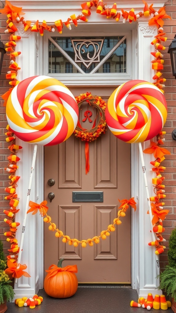 A Halloween door decorated with oversized lollipops, candy corn garlands, and a cheerful pumpkin.