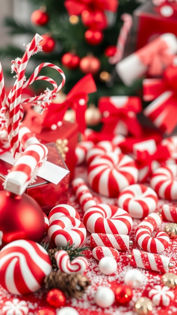 Colorful candy cane and sweet-themed decorations in red and white, featuring various candy shapes and ornaments.