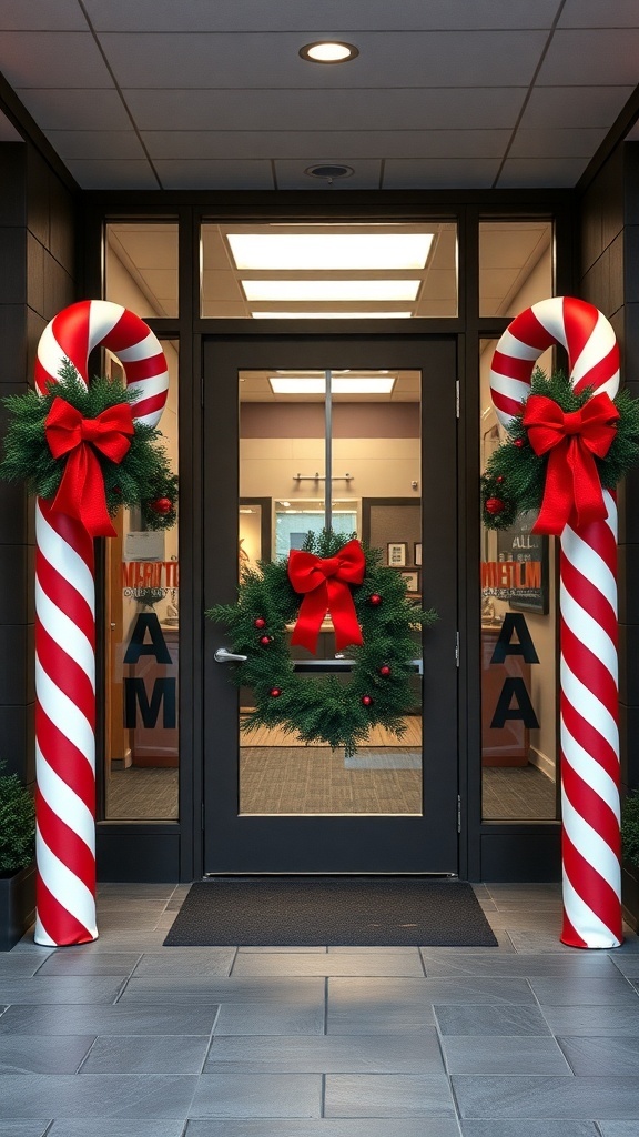 Entrance decorated with large candy cane pillars and a festive wreath.