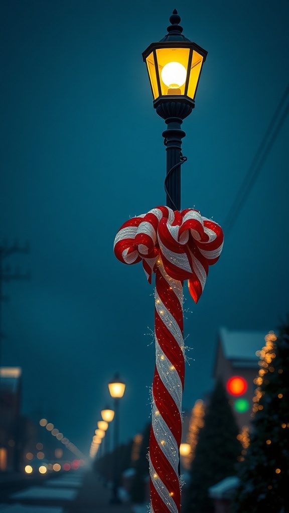 A lamp post decorated with red and white candy cane stripes and a large bow on top, glowing softly in the evening.