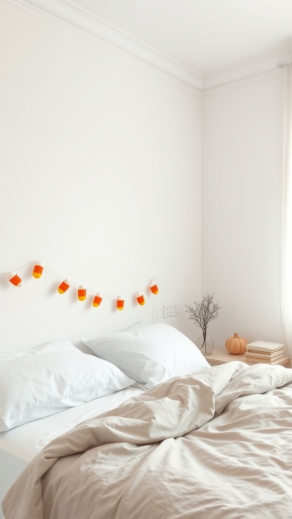 A modern bedroom with a candy corn garland on the headboard, featuring neutral bedding and a small pumpkin decoration.
