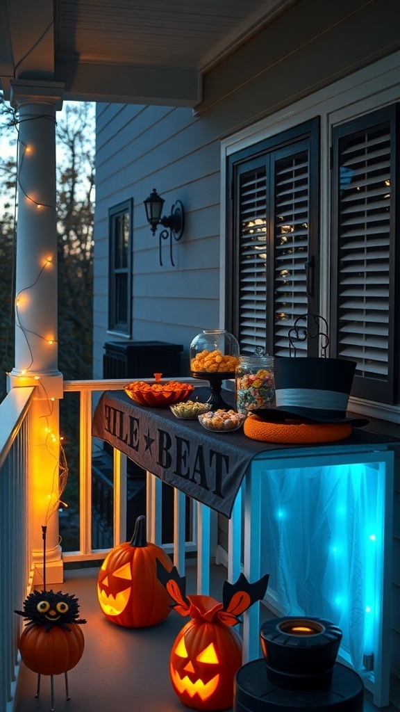 A Halloween candy station on a balcony with glowing pumpkins, colorful candy bowls, and festive decorations.
