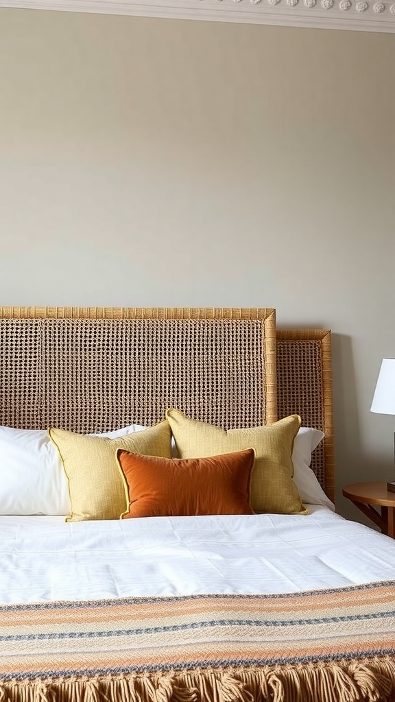 A cozy bedroom featuring a cane headboard with upholstered pillows in yellow and orange shades.