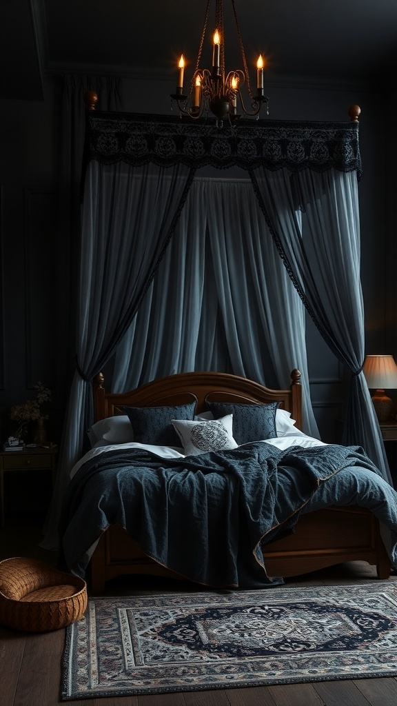 A cozy dark boho bedroom featuring a draped bed with sheer curtains and a chandelier.