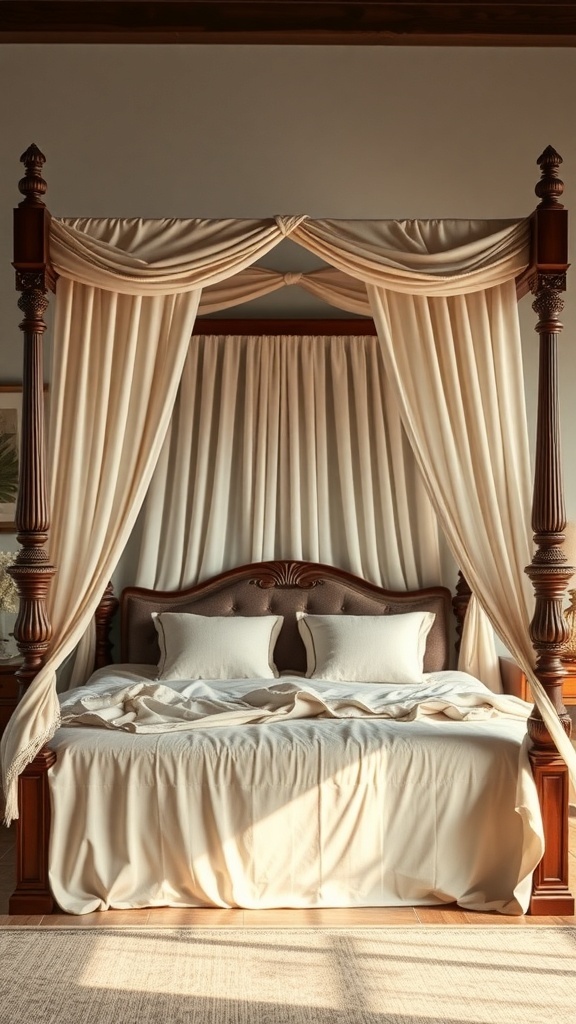 A cozy four-poster bed with soft draped fabric and neutral bedding.
