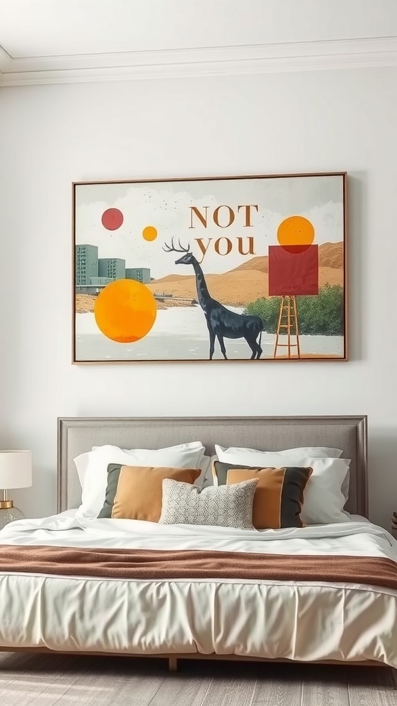 Abstract painting featuring a deer and colorful circles above a bed