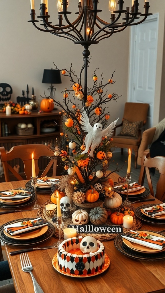 A Halloween-themed table setting with a tree centerpiece featuring branches, pumpkins, and candles.