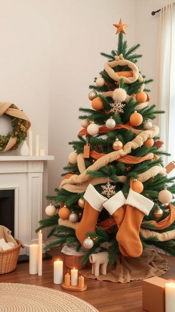 A beautifully decorated Christmas tree featuring caramel and cream colors, with soft lighting and cozy decorations.