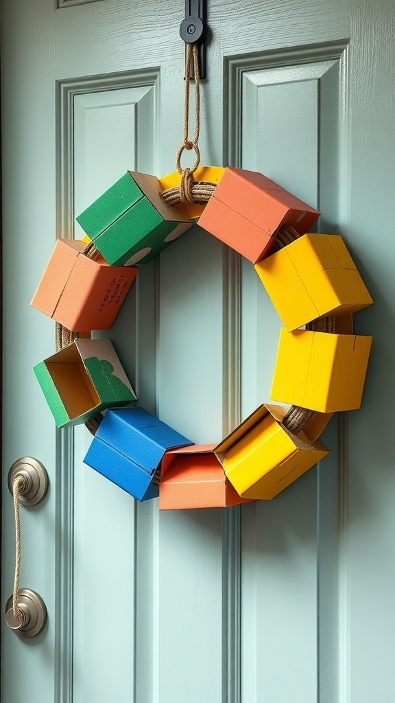 A colorful cardboard box wreath hanging on a door, featuring green, orange, blue, and yellow boxes.