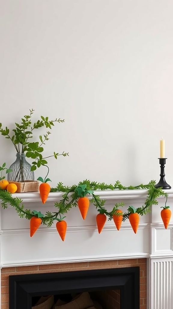 A colorful carrot garland displayed on a mantel with greenery and a candle.