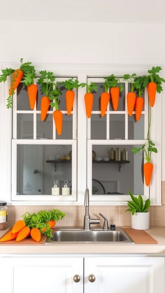 A cheerful carrot garland hanging over kitchen windows with vibrant orange carrots and leafy tops.