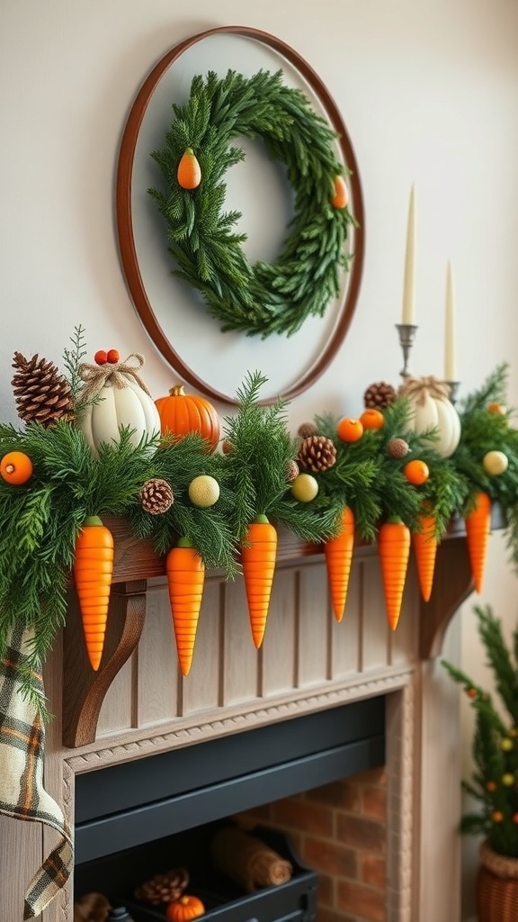 A festive garland of wooden carrots displayed on a mantel with greenery and decorative pumpkins.
