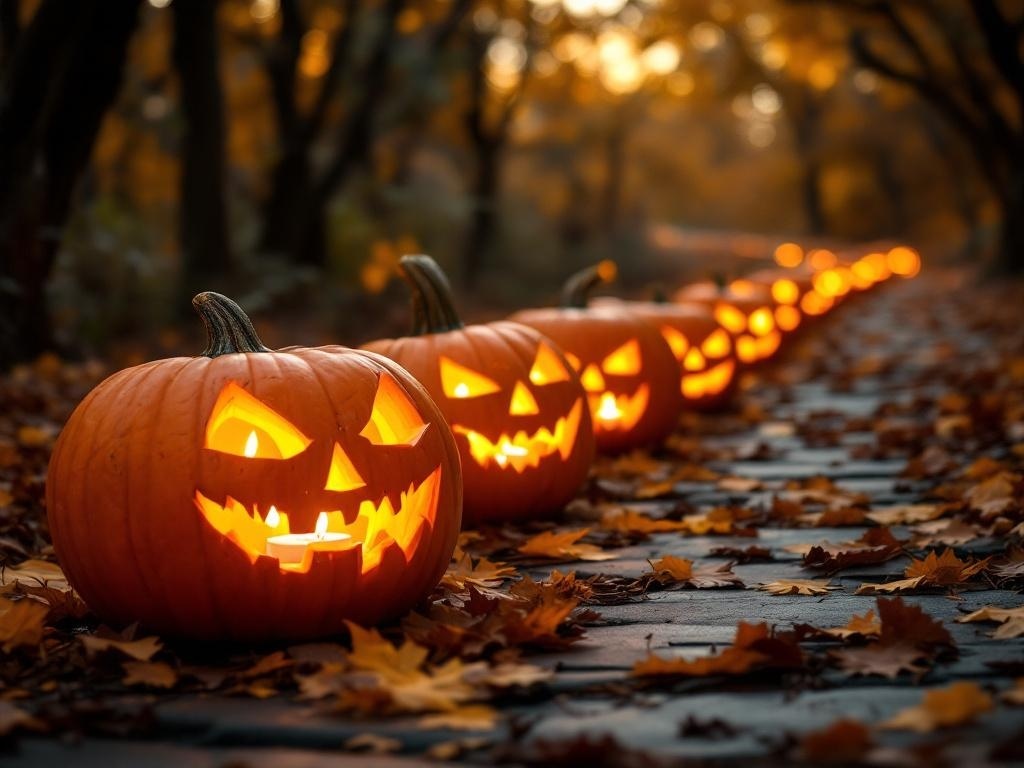 A row of carved pumpkin lanterns glowing on a path surrounded by autumn leaves.