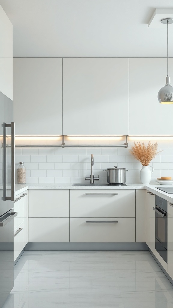 Modern kitchen featuring cashmere cabinets with chrome accents and sleek design.